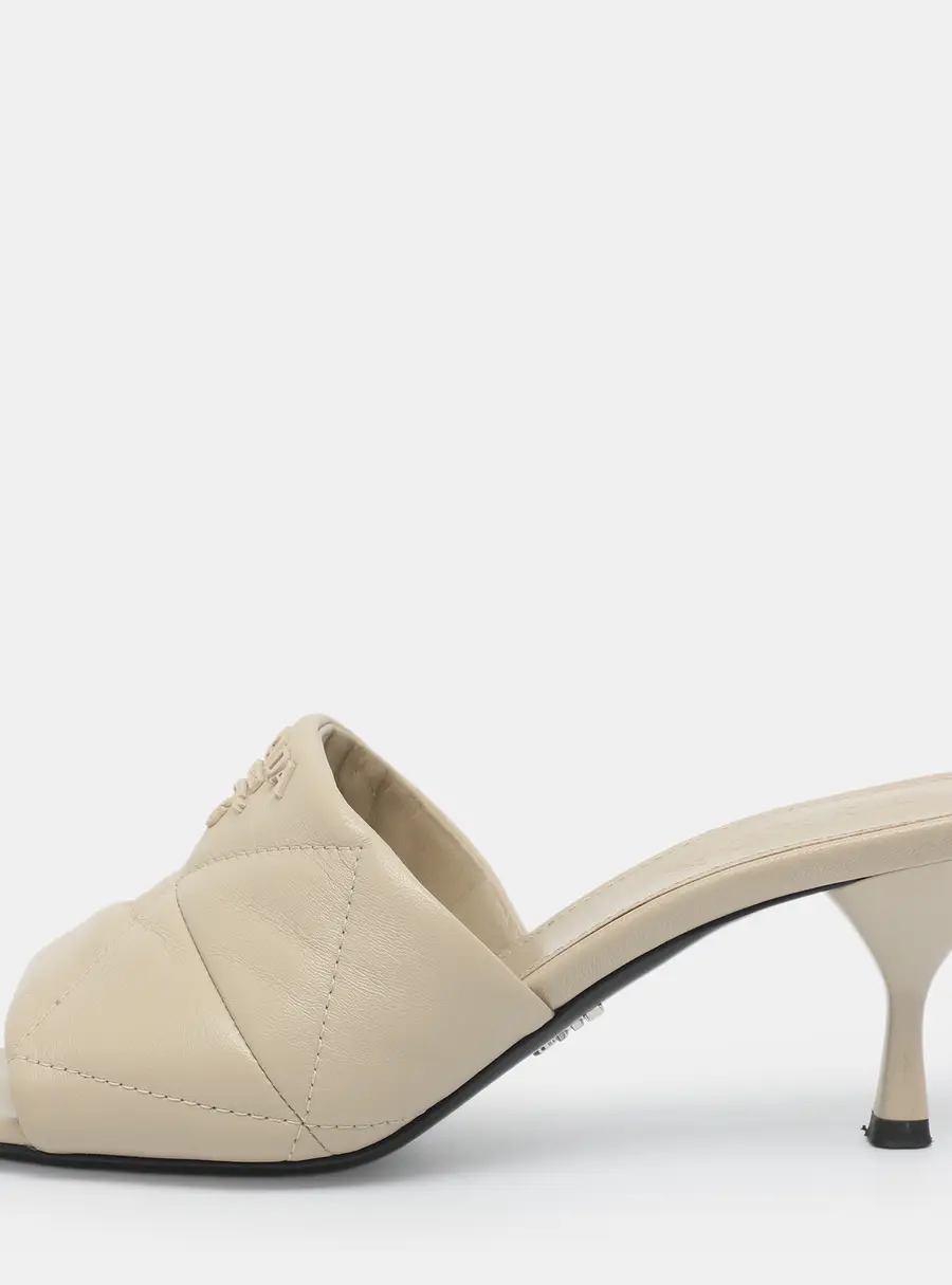 Prada Logo Embellished Size 38 Beige Leather Slide Sandals