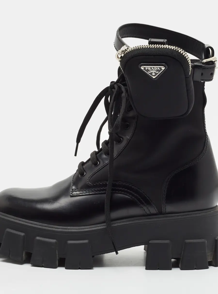 Prada Monolith Size 39 Black Leather and Nylon Combat Boots