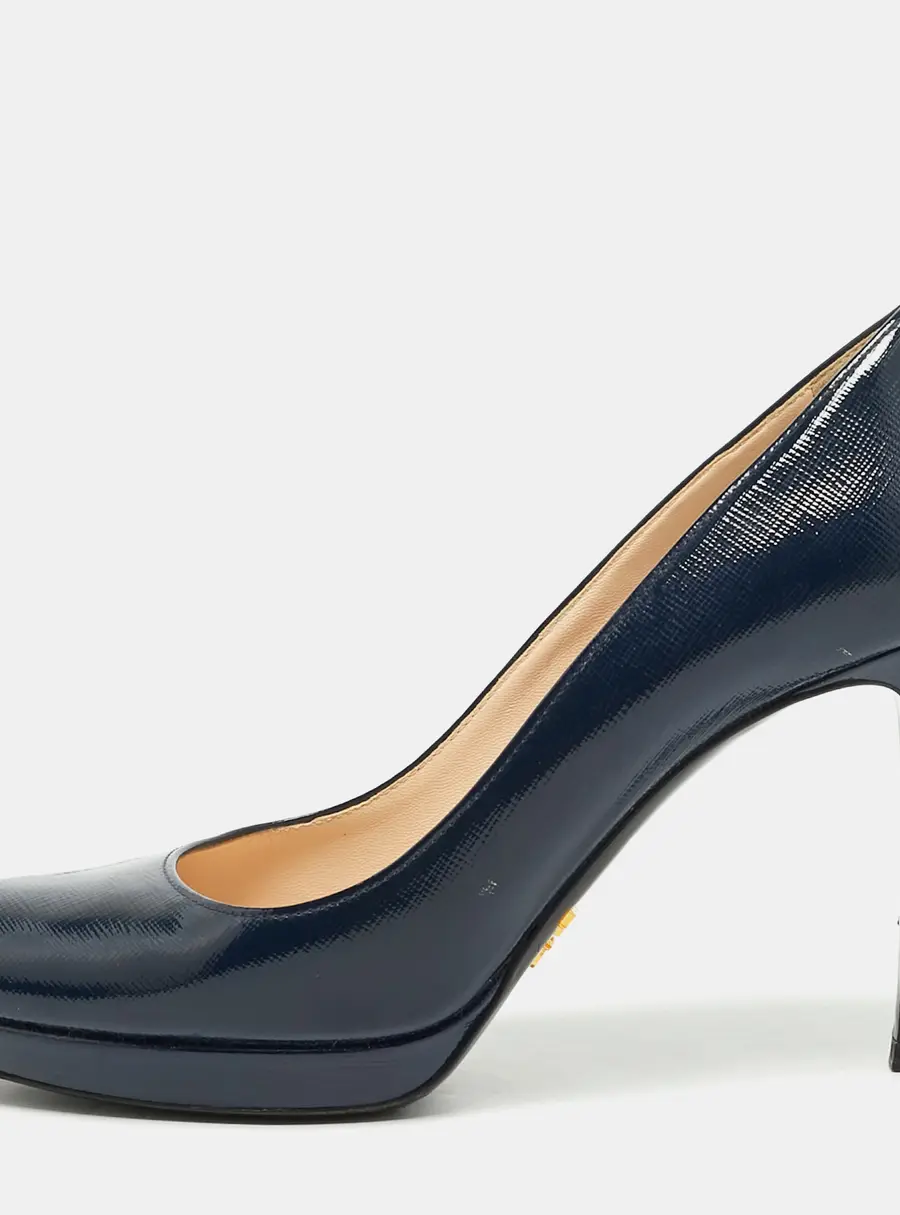 Prada Size 38 Navy Blue Patent Leather Platform Pumps