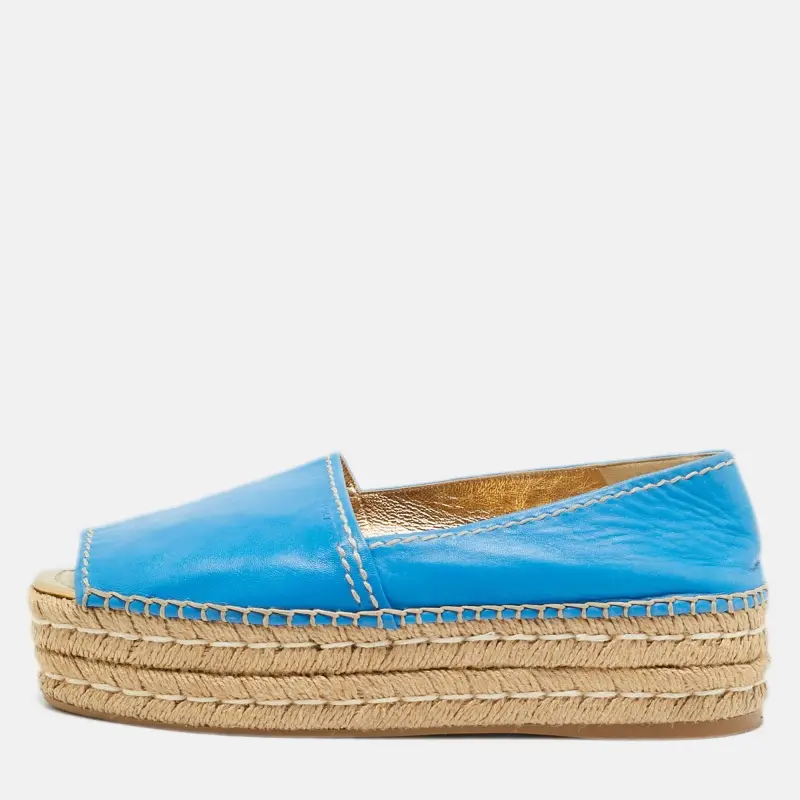 Prada Size 39 Blue Leather Platform Espadrille Flats