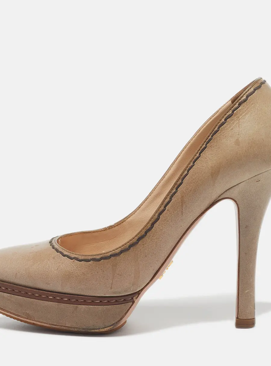 Prada Whipstitch Size 37.5 Brown Leather Platform Pumps