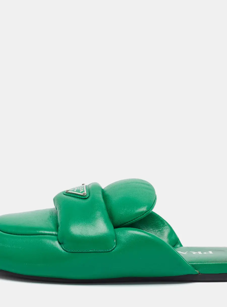 Prada Size 38 Green Pantofole Padded Leather Mules