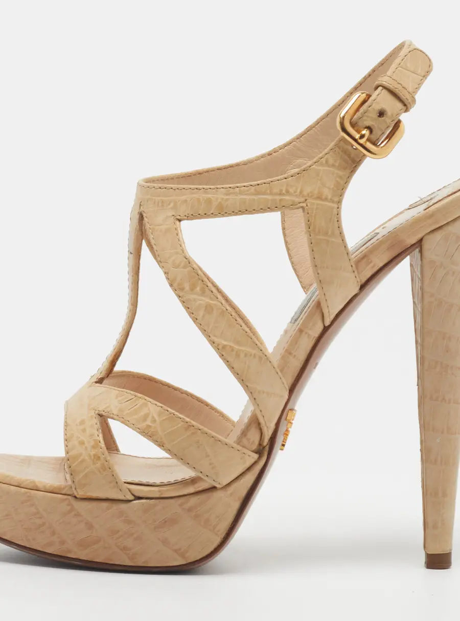 Prada Size 37 Beige Croc Embossed Leather Ankle Strap Sandals
