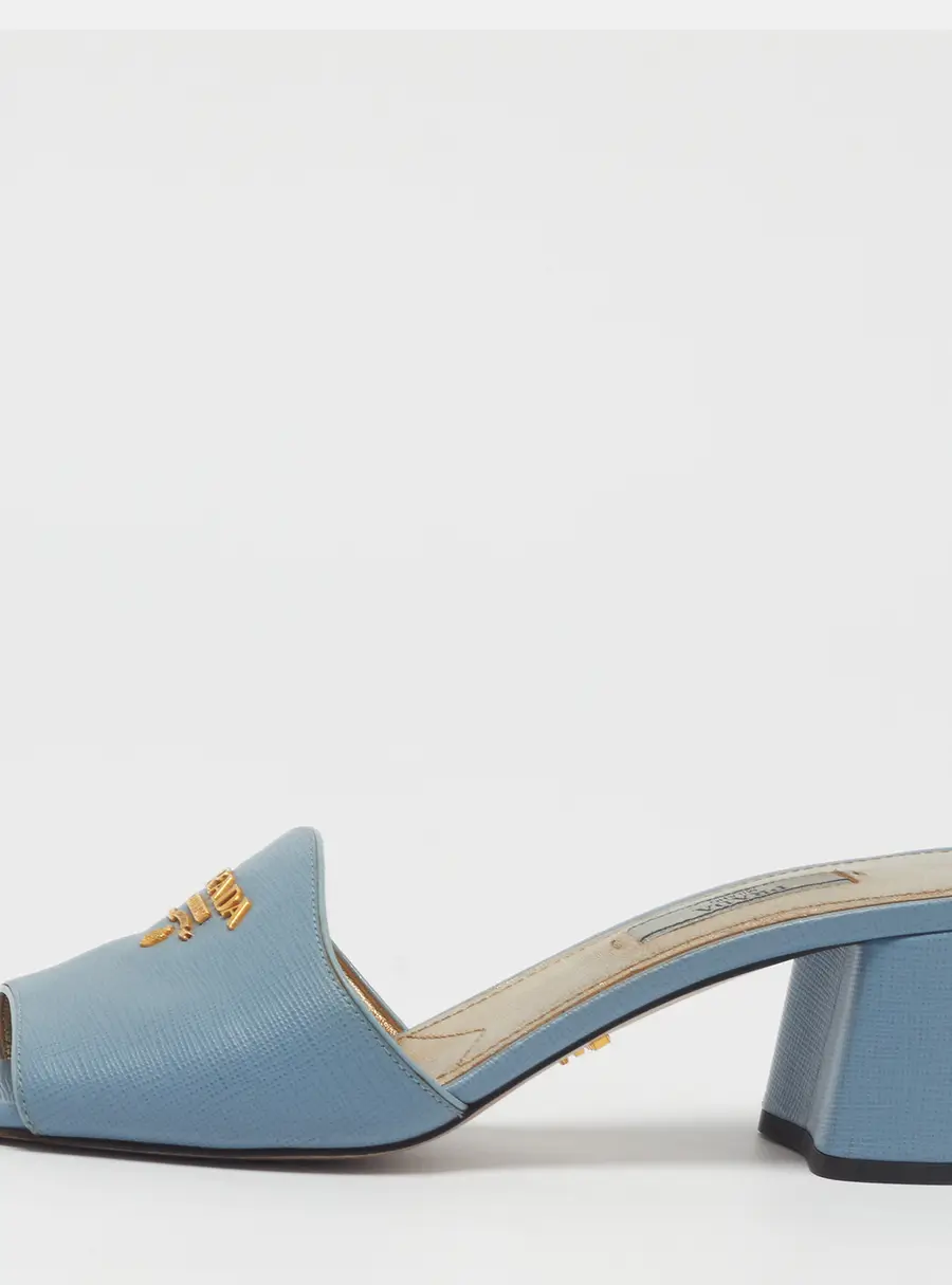 Prada Size 37.5 Blue Saffiano Leather Slide Sandals