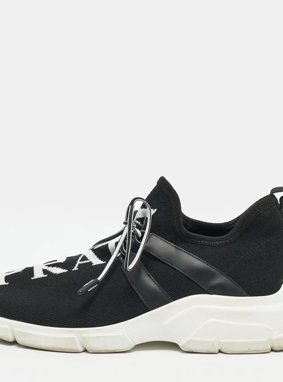 Prada Size 38 Black Knit Fabric Logo Lace Up Low Top Sneakers