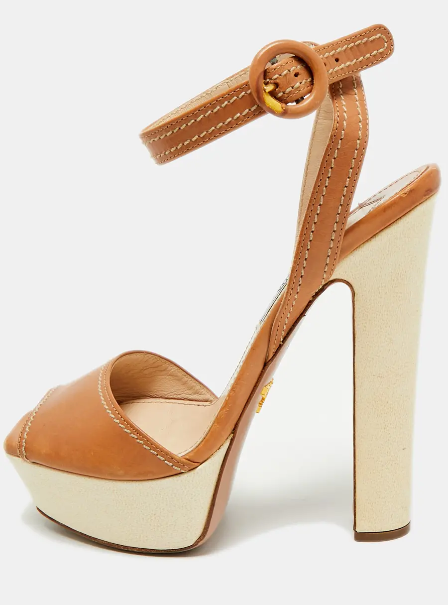Prada Size 37 Brown/White Leather Platform Ankle Strap Sandals