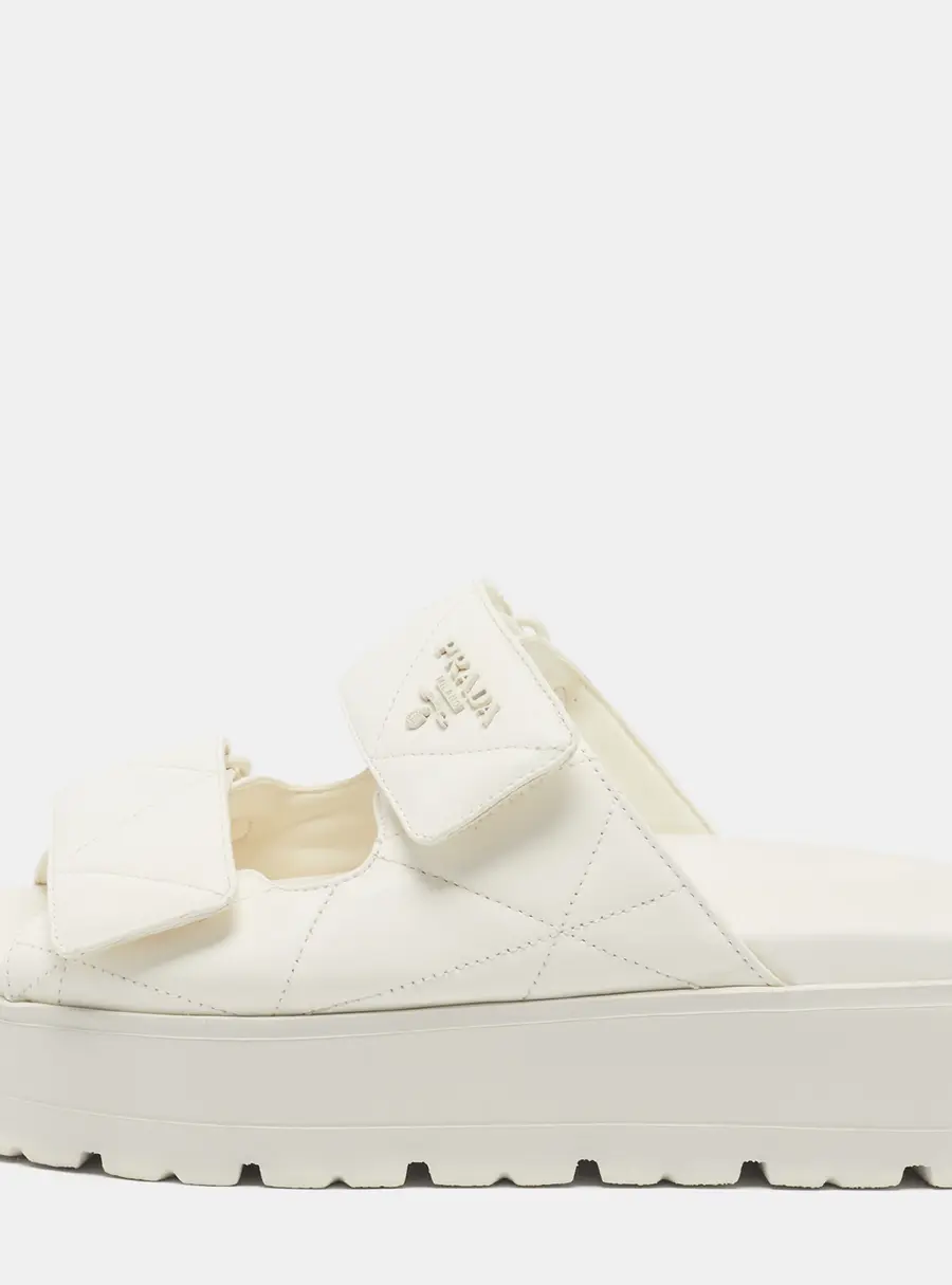 Prada Size 37.5 Cream Quilted Leather Platform Slide Sandals