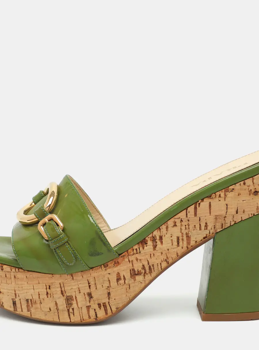 Prada Size 40 Green Patent Leather Buckle Detail Cork Platform Slide Sandals