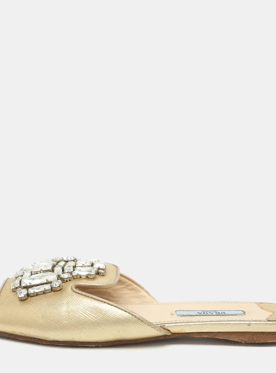 Prada Size 37 Gold Saffiano Leather Crystal Embellished Flat Sandals