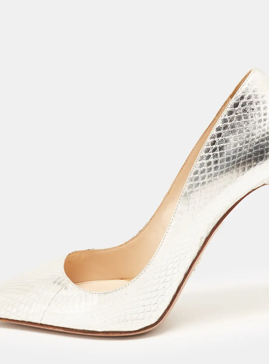 Prada Size 36.5 Silver Snakeskin Embossed Leather Pointed Toe Pumps