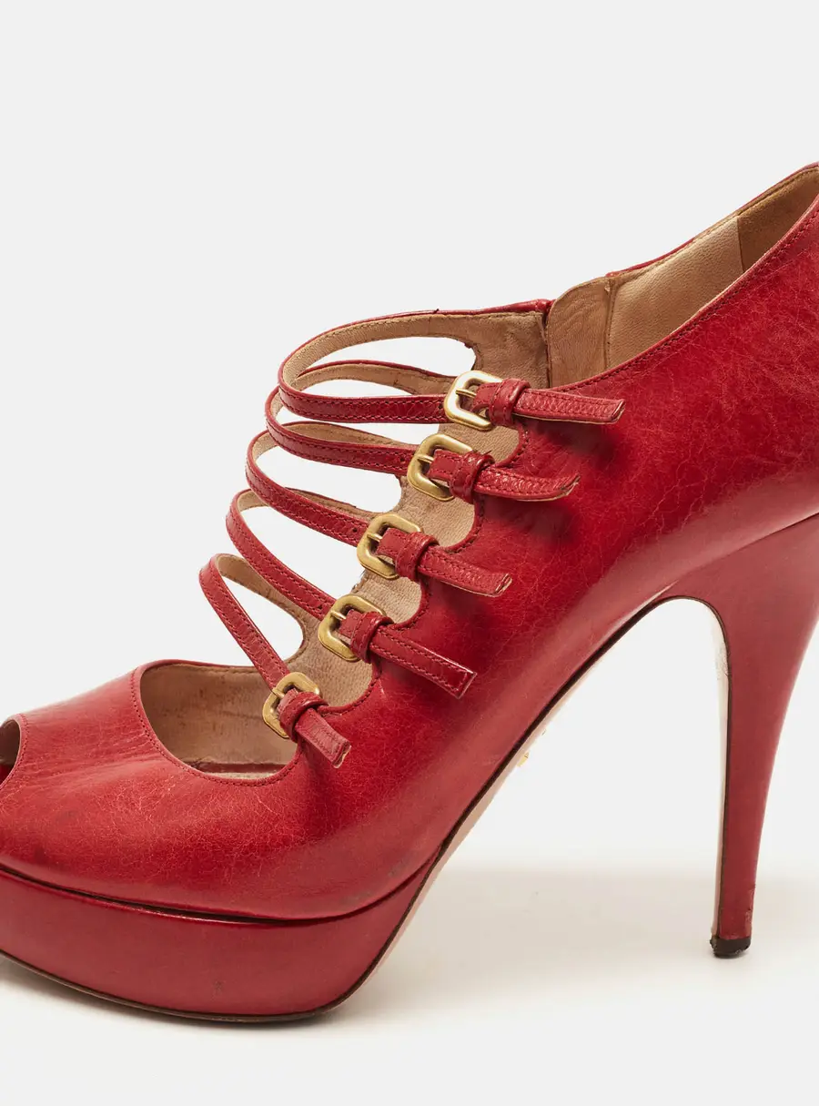 Prada Size 41 Red Leather Platform Strappy Pumps