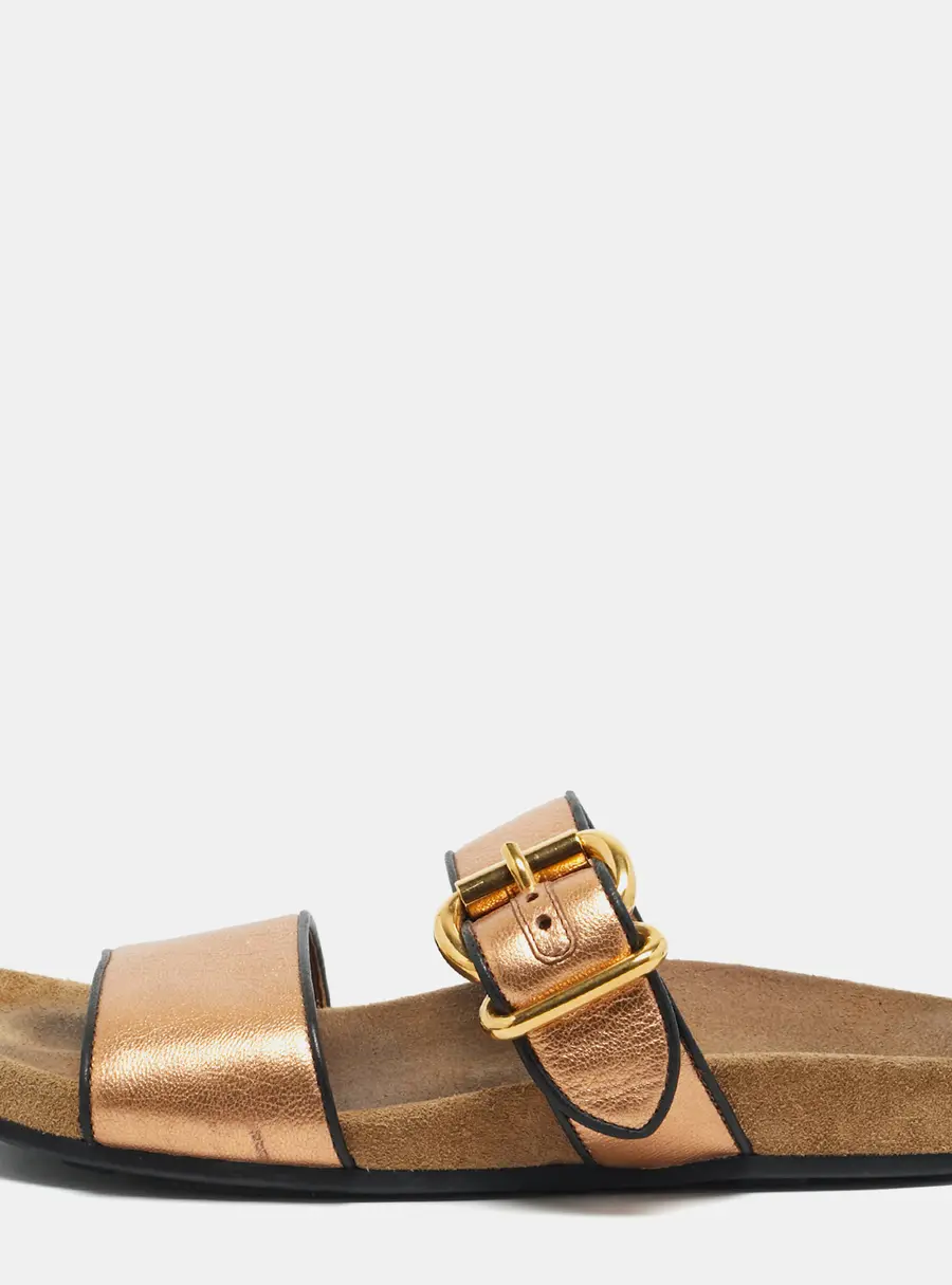 Prada Size 38.5 Gold Leather Buckle Slide Flats