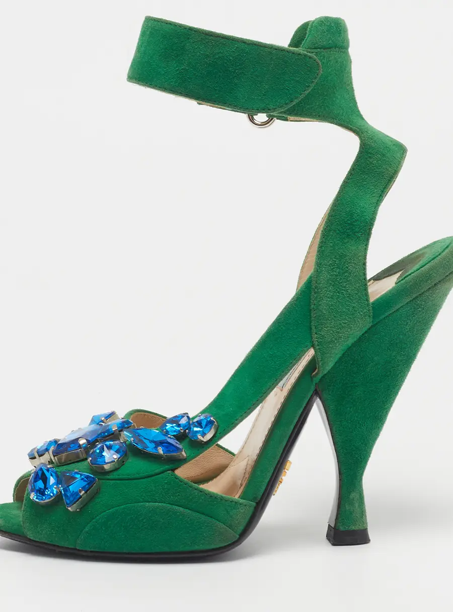Prada Size 36 Green Suede Crystal Embellished Ankle Strap Sandals