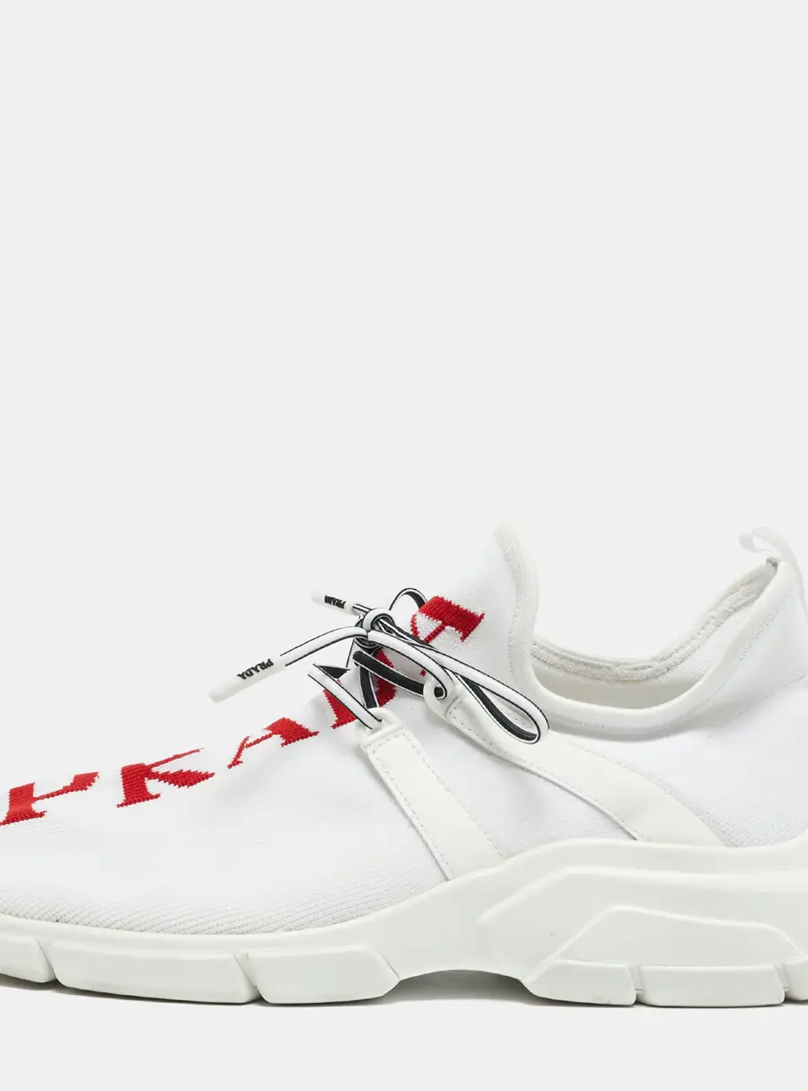Prada Size 38 White Knit Fabric and Leather Logo Low Top Sneakers