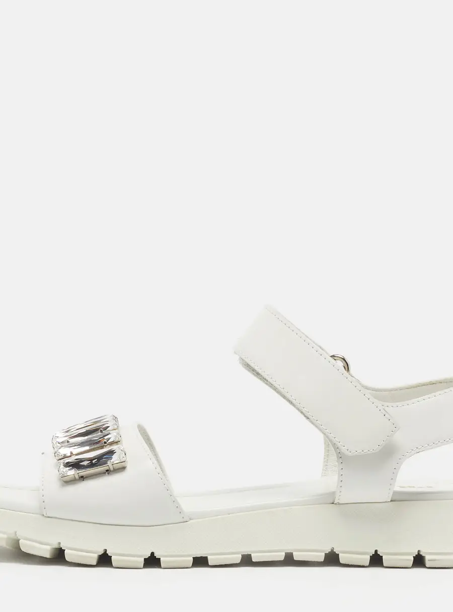 Prada Size 39 White Leather Crystal Embellished Flat Slingback Sandals