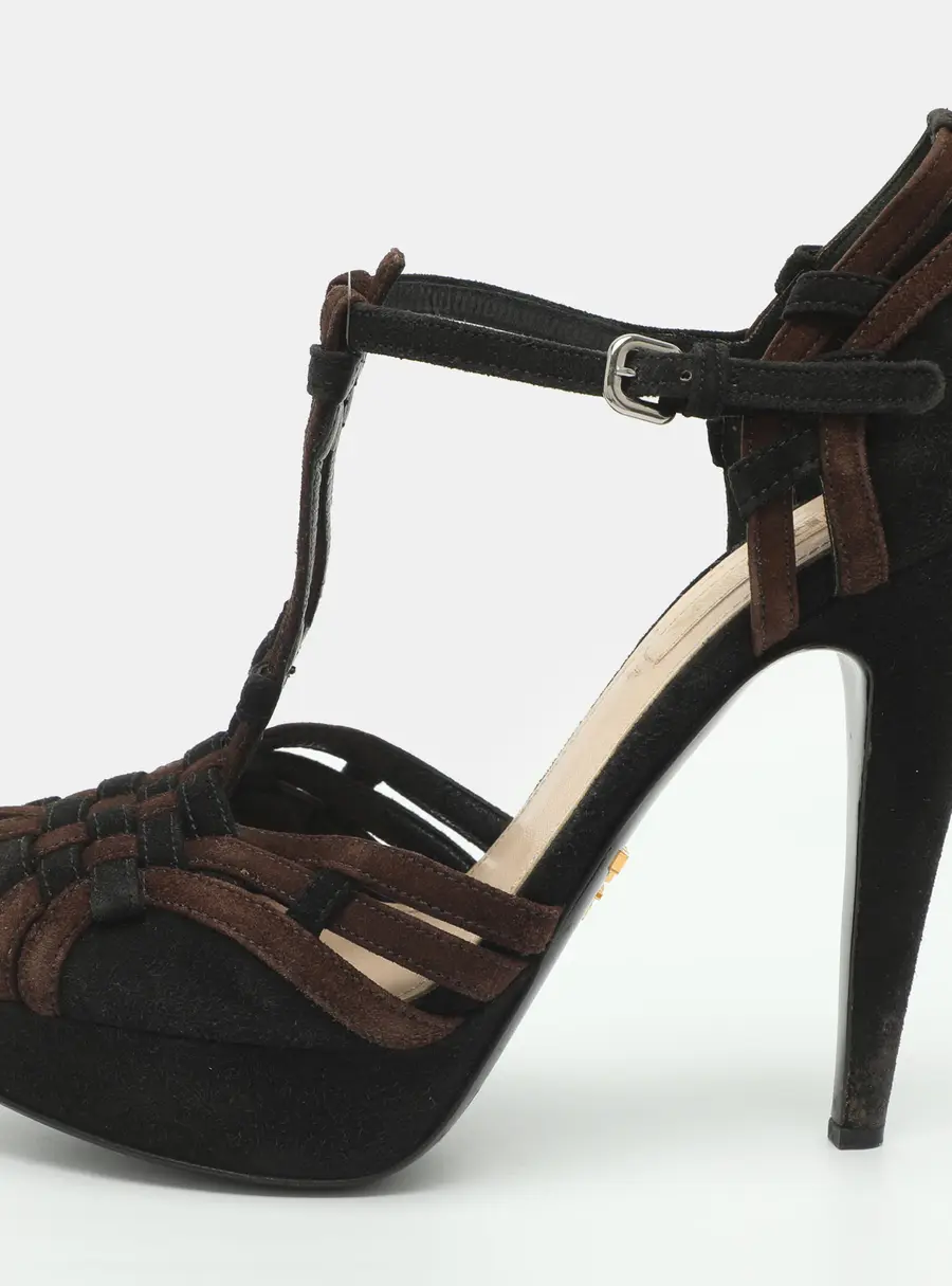 Prada Size 37 Black/Brown Suede Ankle Strap Platform Sandals