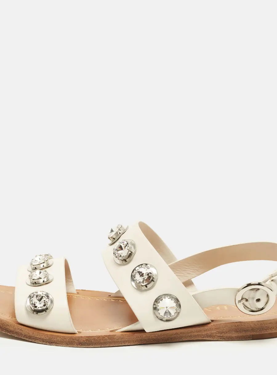 Prada Size 37 White Leather Crystal Embellished Flat Slingback Sandals