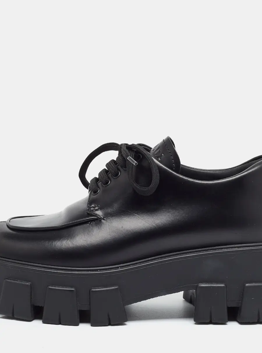 Prada Monolith Size 38 Black Leather Platform Lace Up Derby