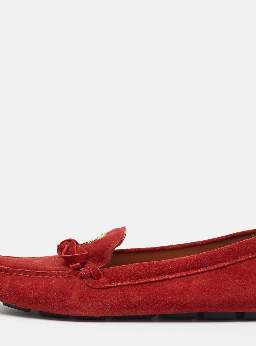 Prada Size 38 Red Suede Logo Bow Loafers