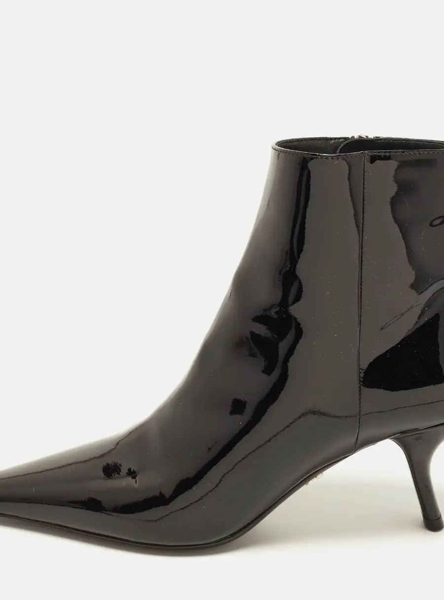 Prada Size 38 Black Patent Leather Slanted Heel Pointed Toe Ankle Length Boots