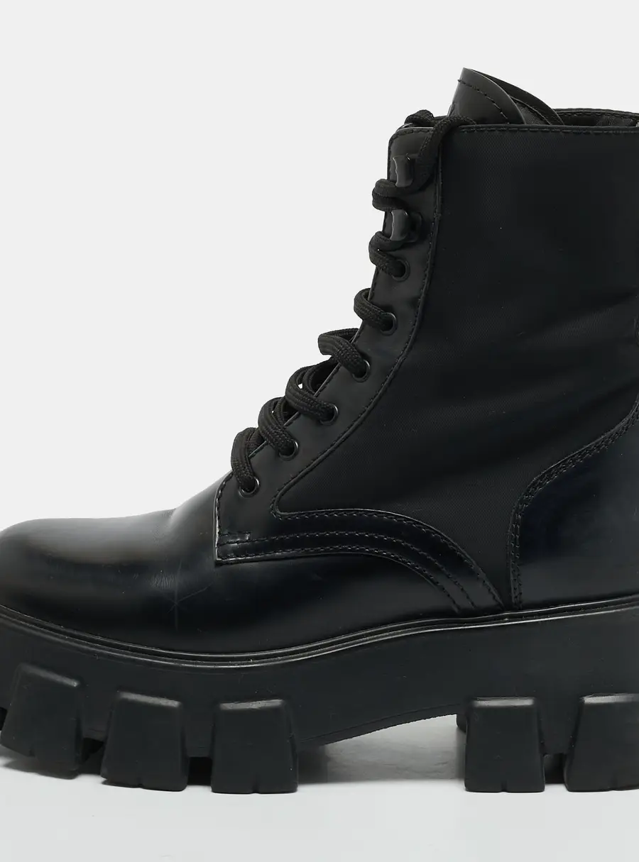 Prada Monolith Size 37 Black Leather and Nylon Combat Boots