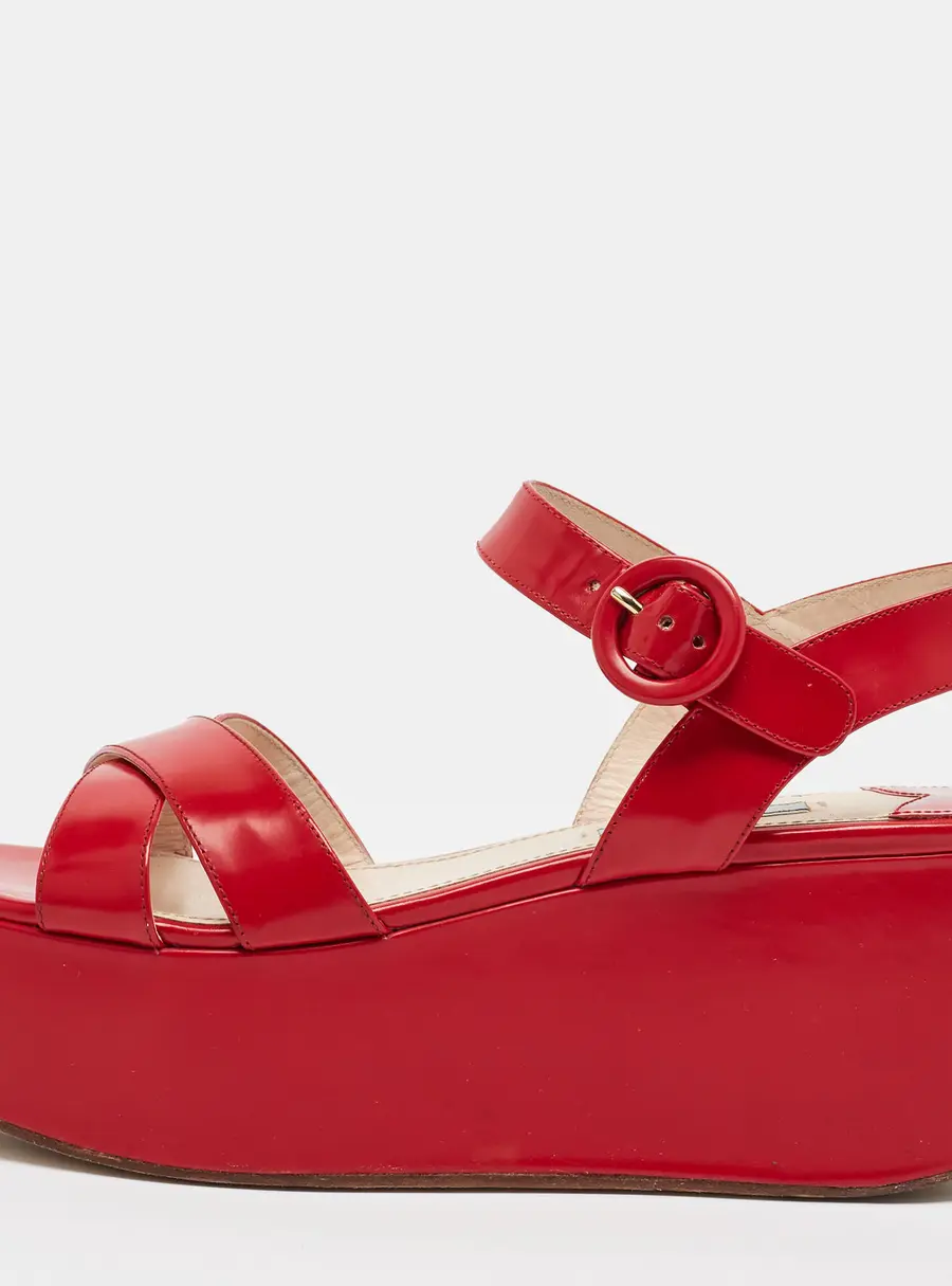 Prada Size 38.5 Red Leather Wedge Ankle Strap Sandals