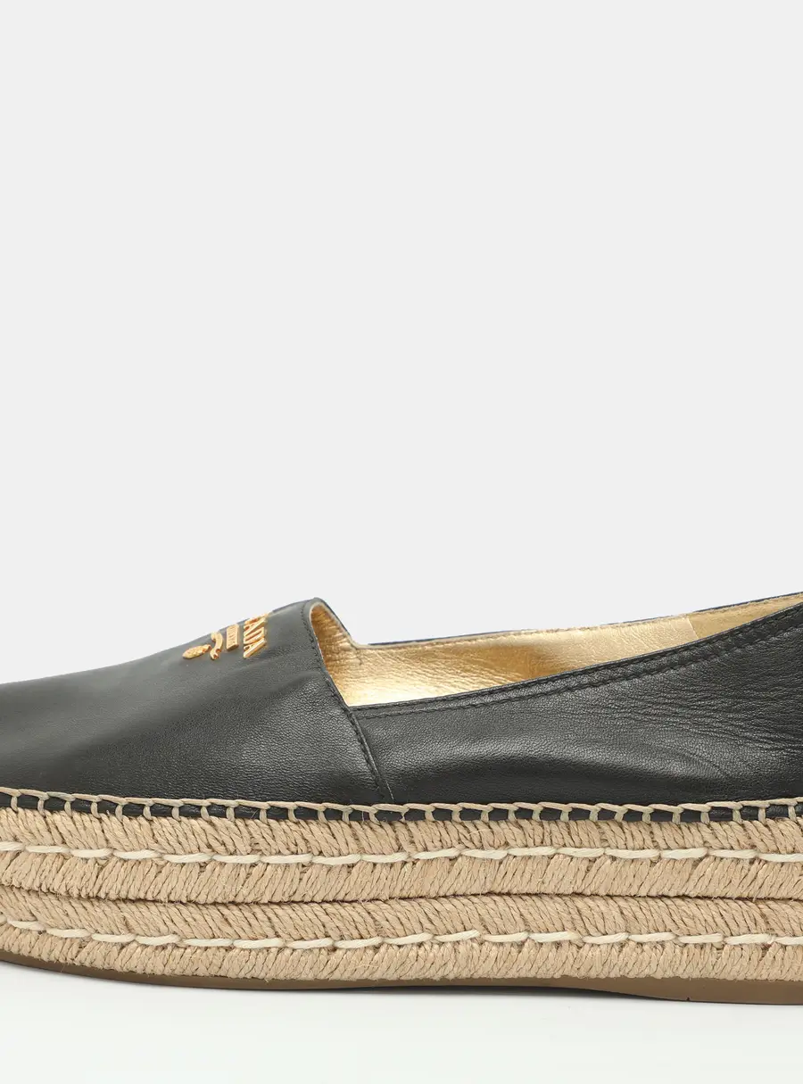 Prada Size 37 Black Leather Platform Espadrille Flats