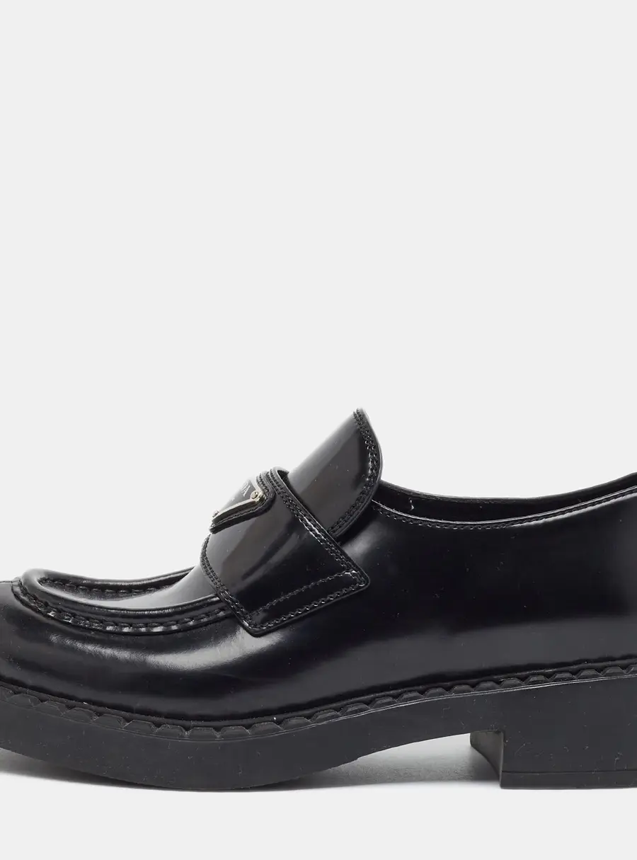 Prada Triangle Size 37 Black Leather Brush Platform Loafers