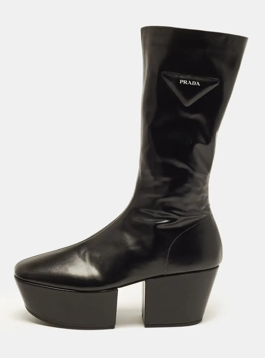 Prada Triangle Size 37 Black Leather Ankle Length Boots