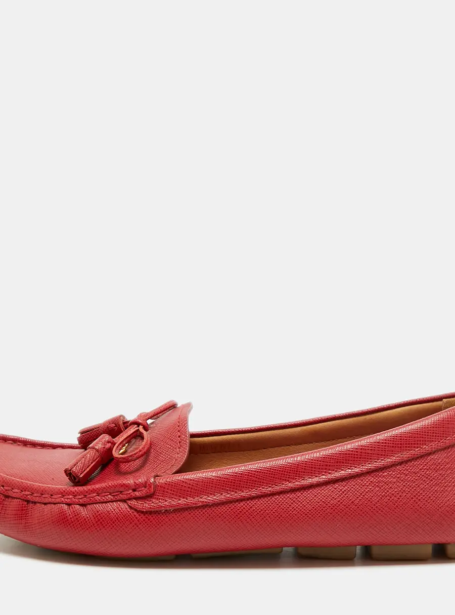 Prada Size 37.5 Red Saffiano Leather Bow Loafers