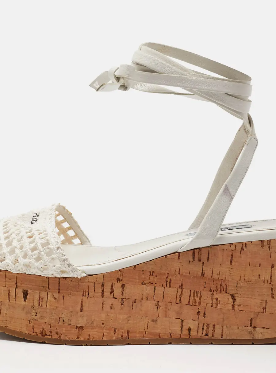Prada Size 37 White Leather and Raffia Cork Platform Ankle Strap Sandals