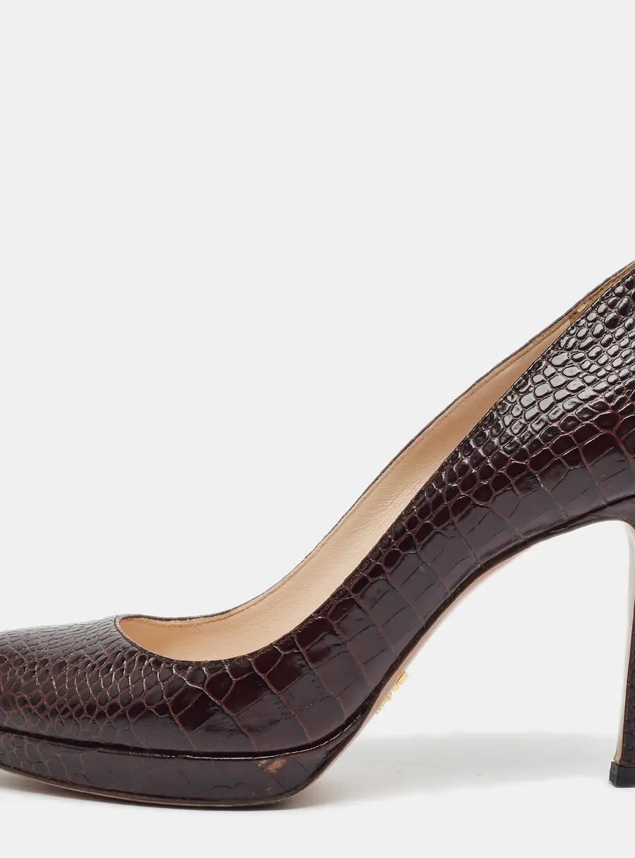 Prada Size 37 Dark Brown Croc Embossed Leather Platform Pumps
