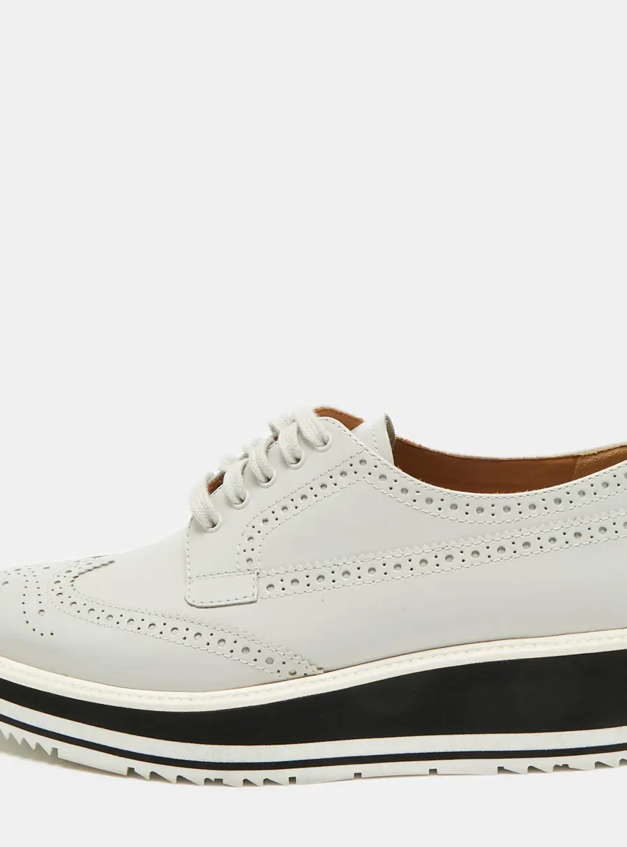 Prada Size 39 Light Grey Leather Lace Up Wingtip Brogue Derby