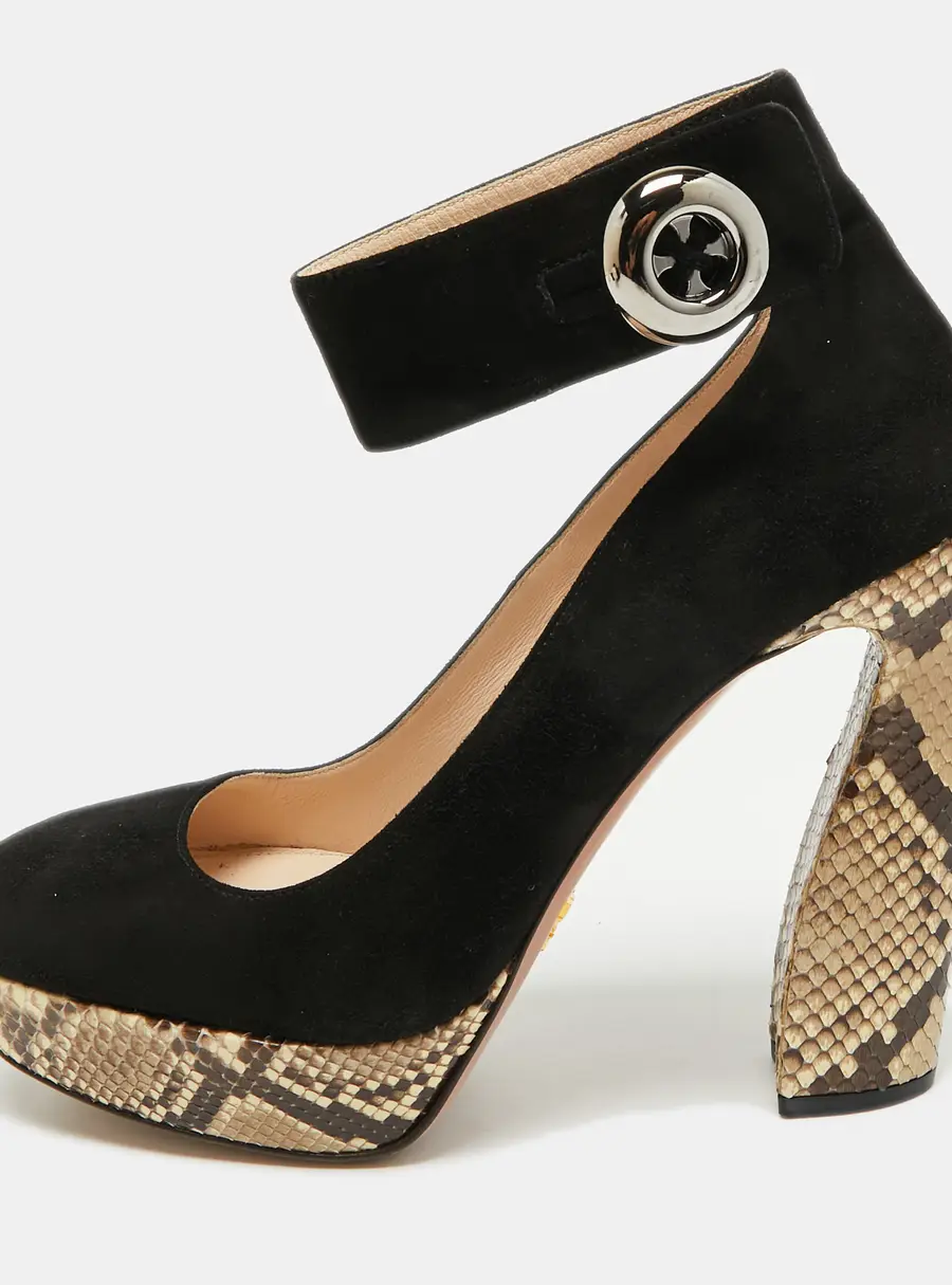 Prada Size 38 Black/Brown Python Leather and Suede Platform Ankle Strap Pumps