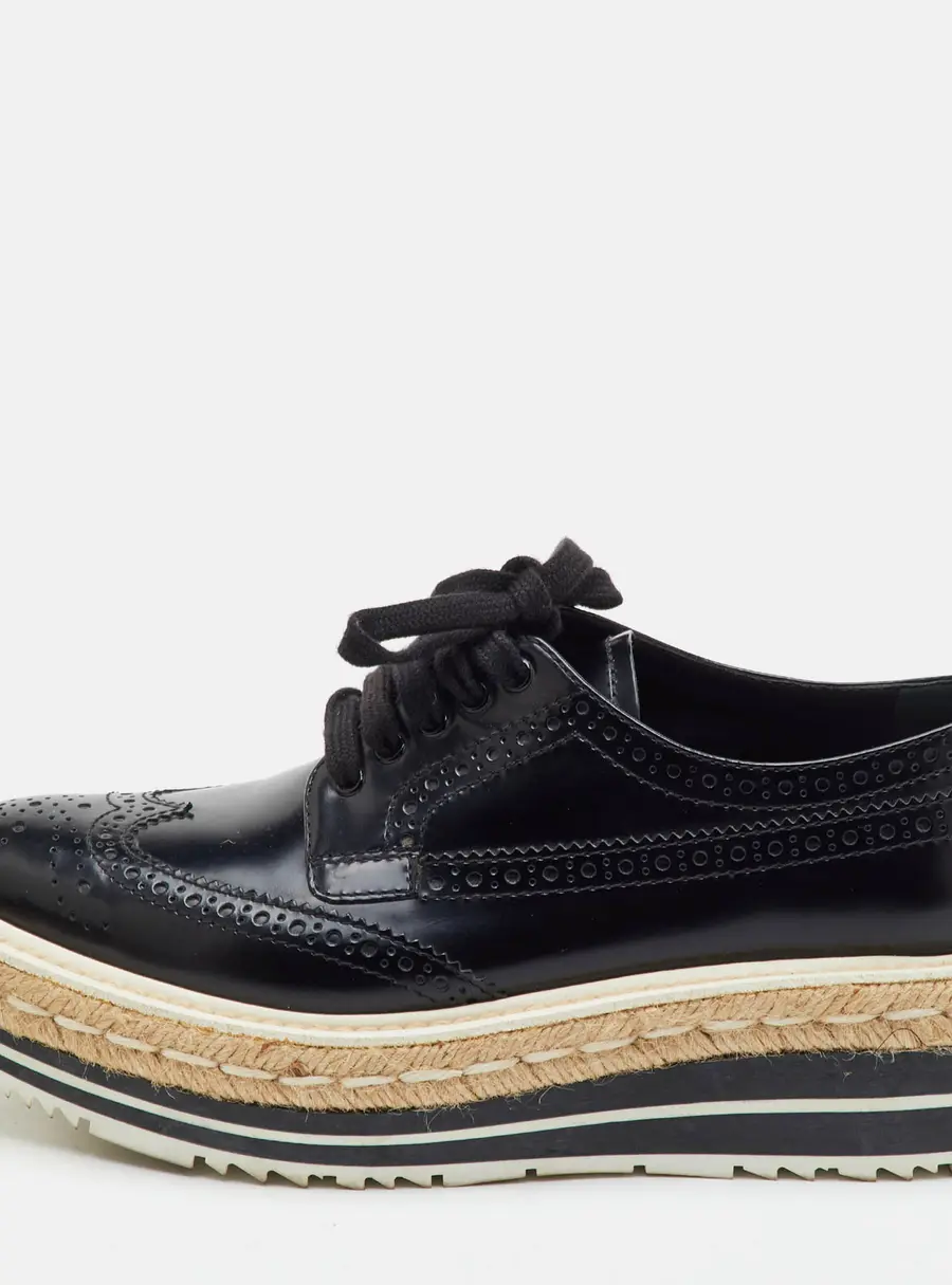Prada Size 36.5 Black Leather Platform Lace Up Brogue Derby