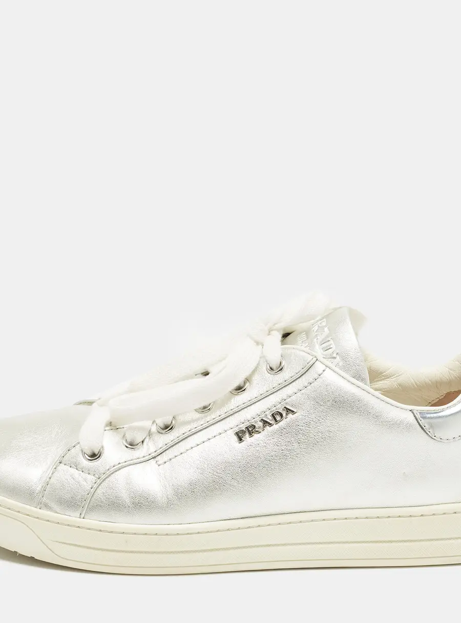 Prada Size 39 Metallic Silver Leather Low Top Sneakers