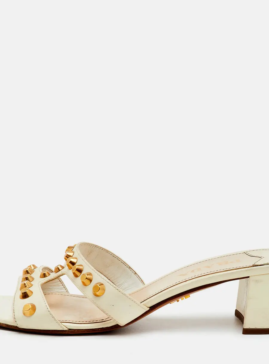 Prada Size 37 Cream Patent Leather Studded Slide Sandals