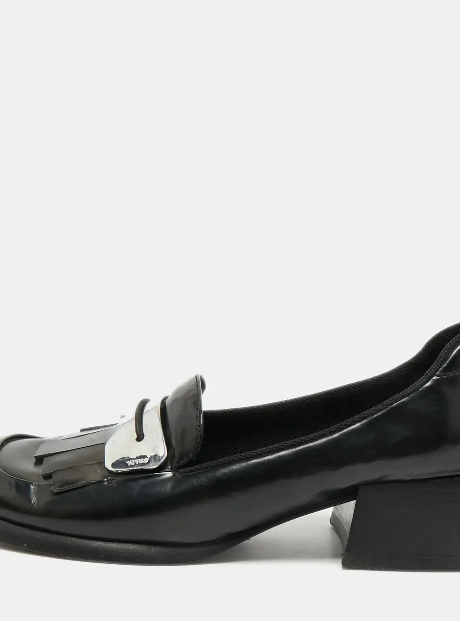 Prada Size 36 Black Leather Fringe Detail Penny Loafers