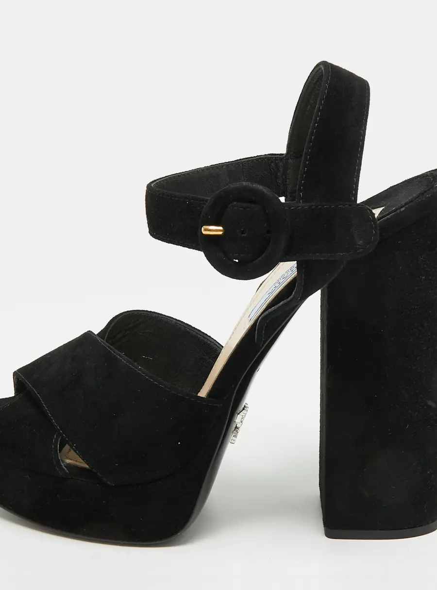 Prada Size 37 Black Suede Platform Ankle Strap Pumps