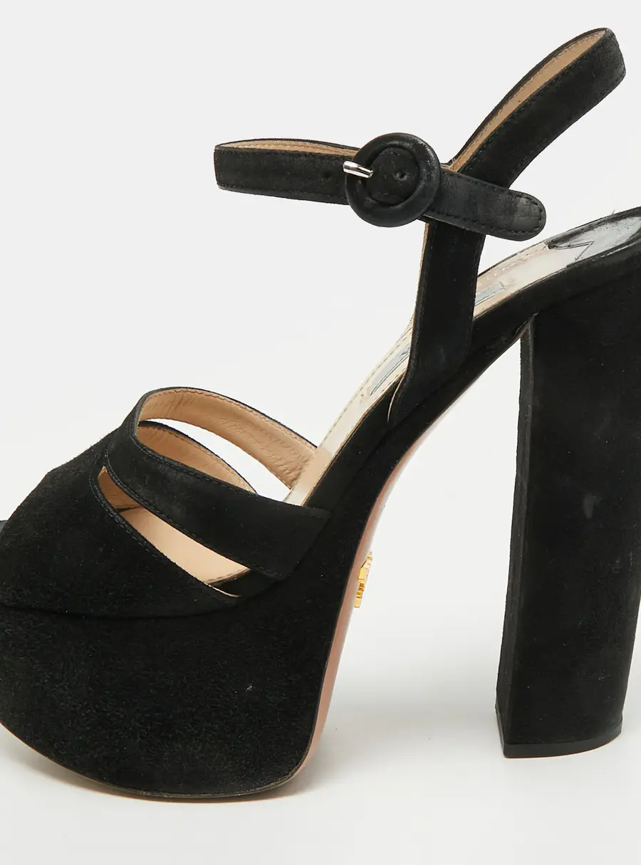 Prada Size 37.5 Black Suede Ankle Strap Sandals