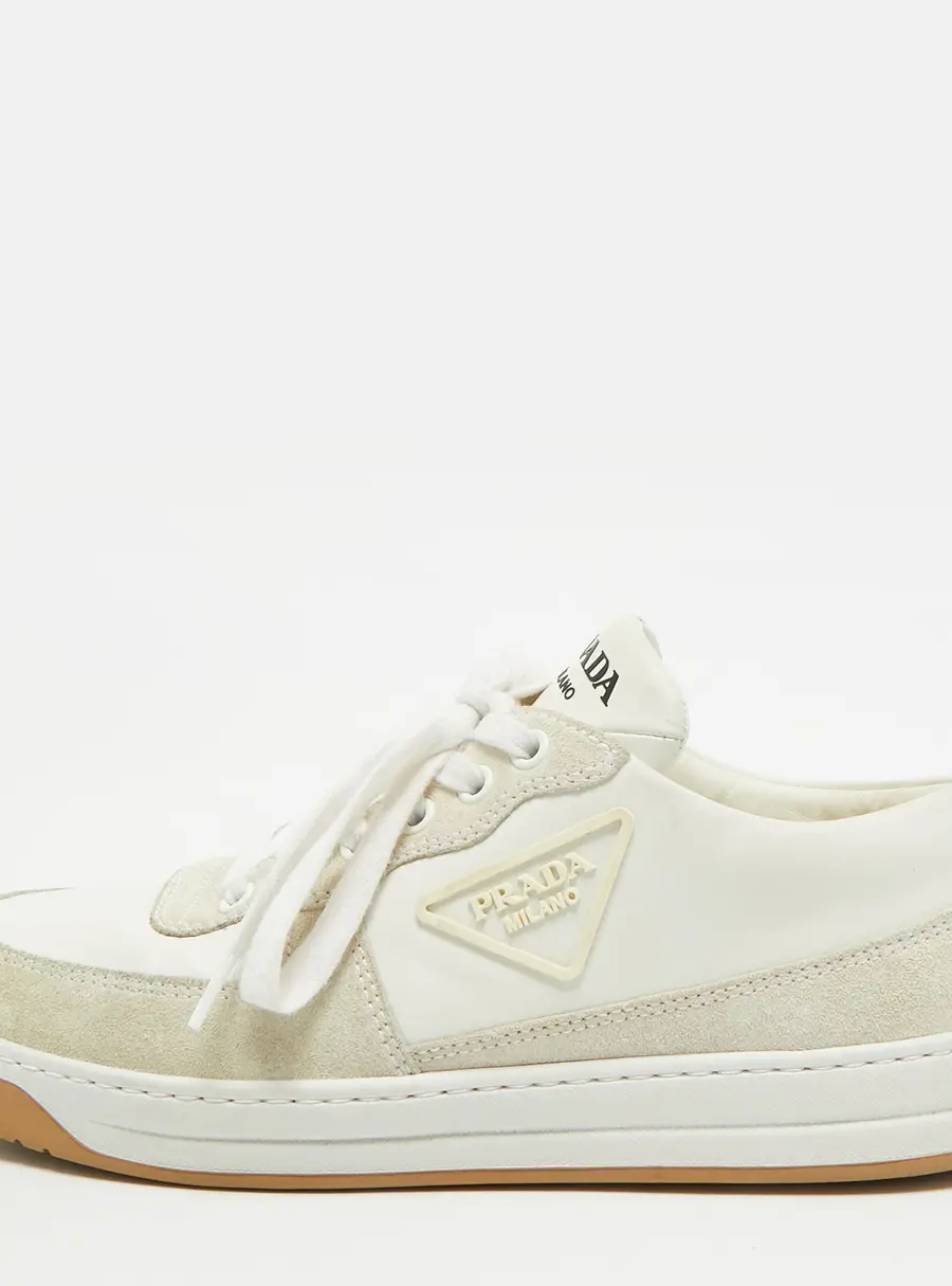 Prada Size 38.5 White/Grey Leather and Suede Triangle Logo Lace Up Sneakers