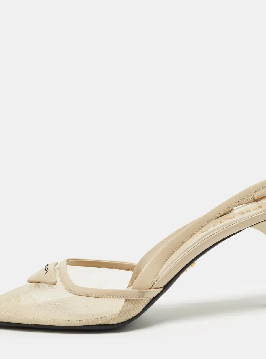 Prada Size 40 Beige Leather and Mesh Triangle Logo Slingback Pumps