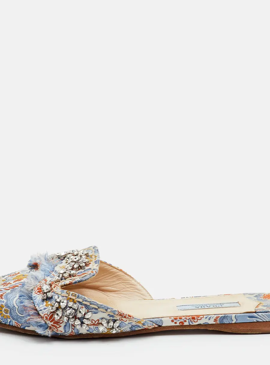 Prada Size 38 Multicolor Brocade Fabric Crystal Embellished Flat Slide Sandals