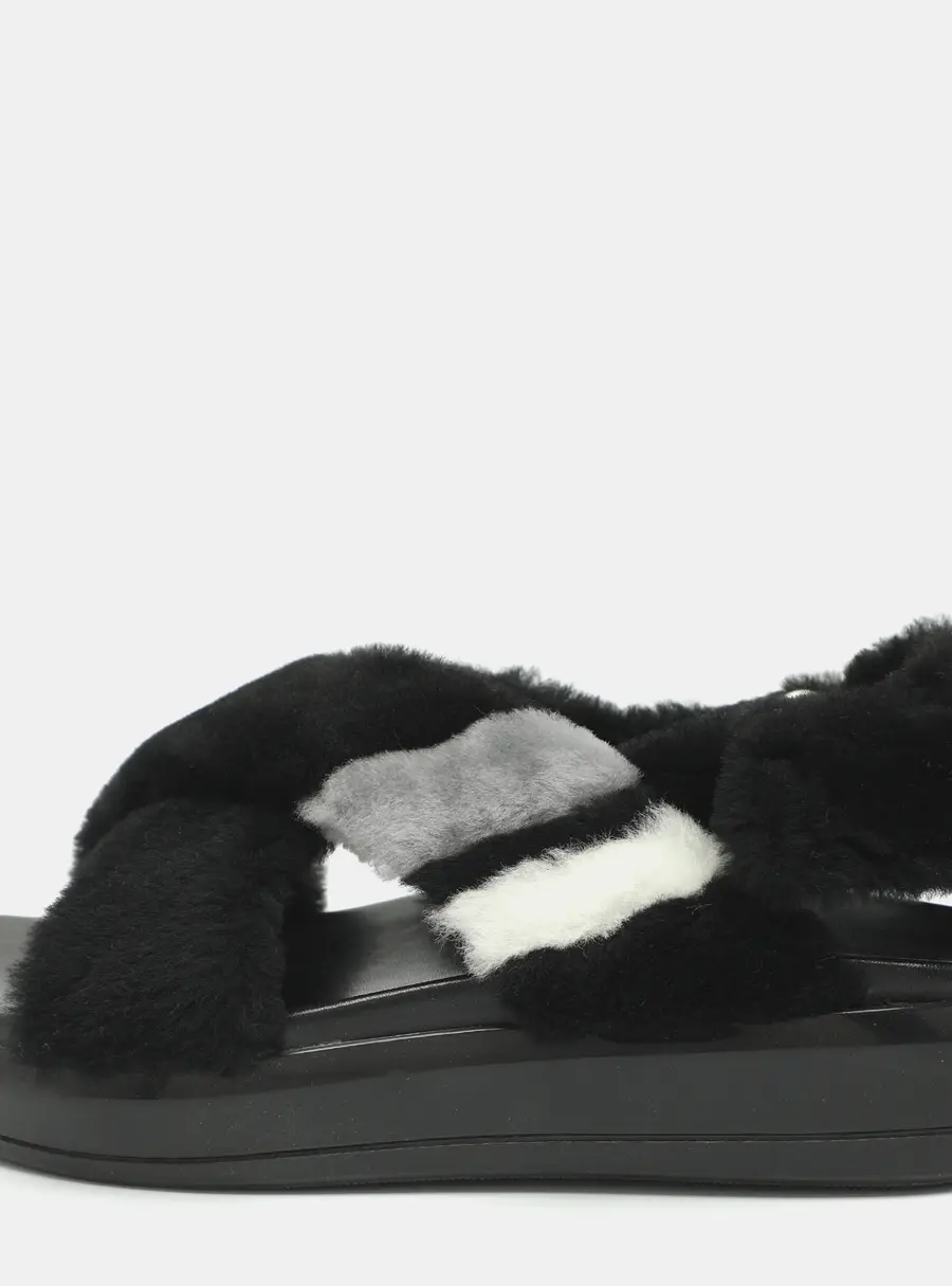 Prada Size 37 Black Faux Fur Criss Cross Strap Flat Sandals