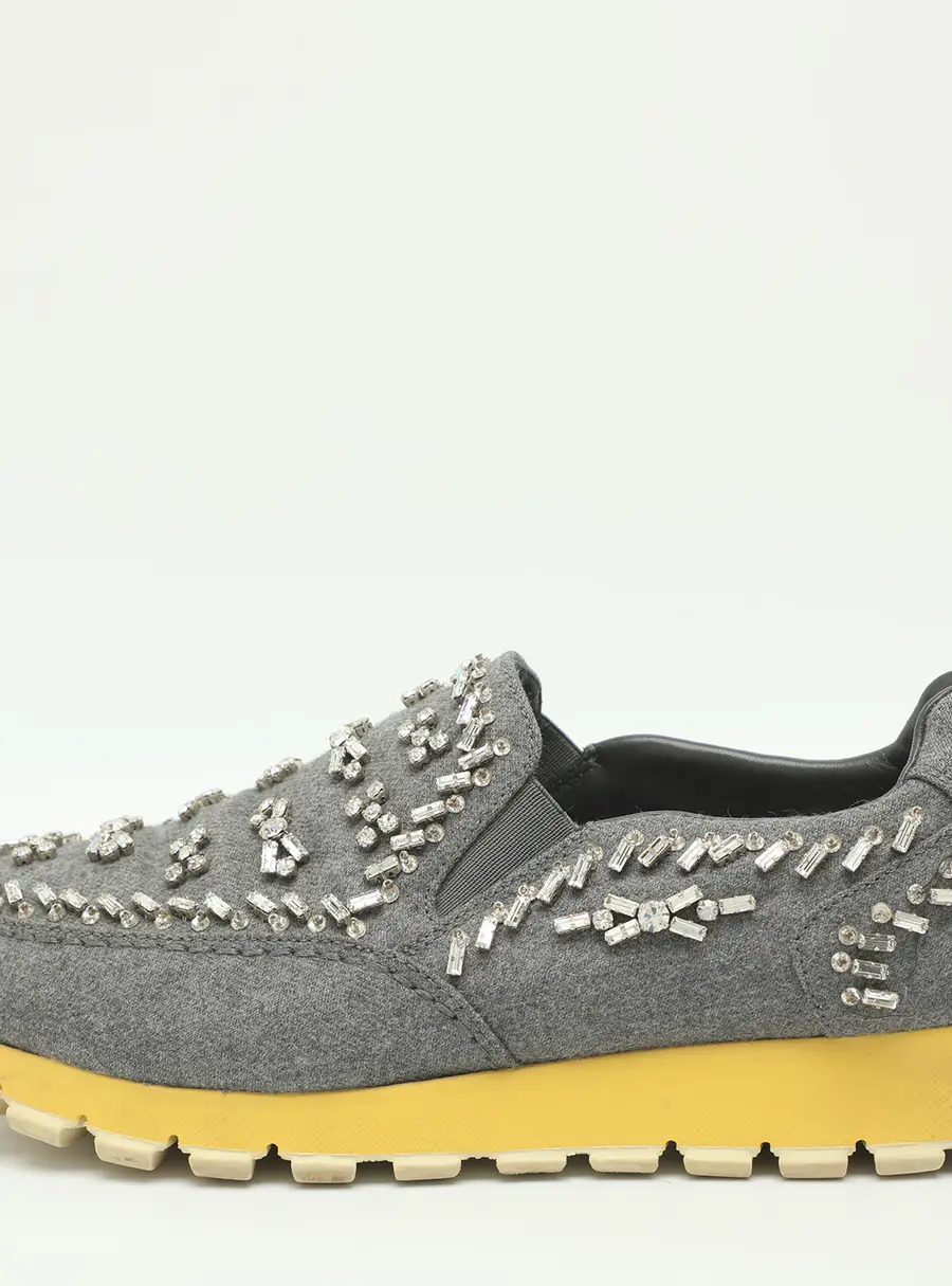 Prada Size 37.5 Grey Crystals and Fabric Slip On Sneakers