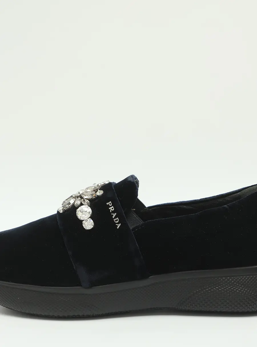 Prada Size 37.5 Dark Navy Velvet Crystal Embellished Slip On Sneakers