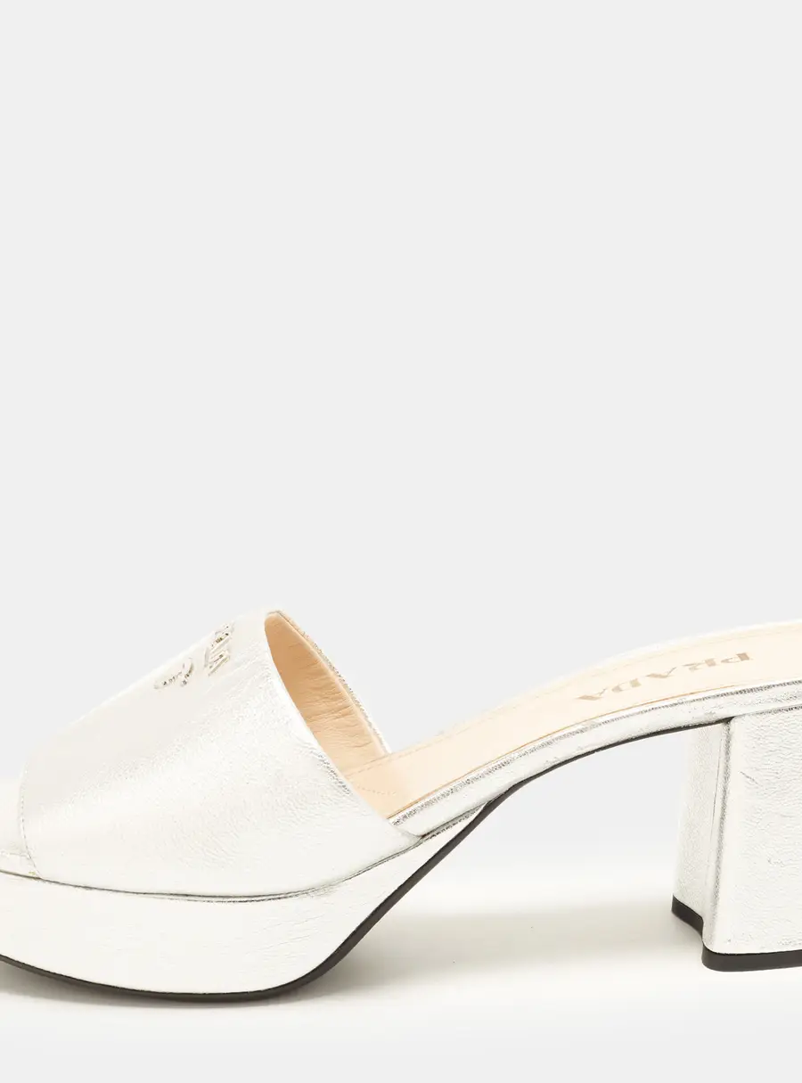 Prada Size 40.5 Silver Leather Platform Slide Sandals