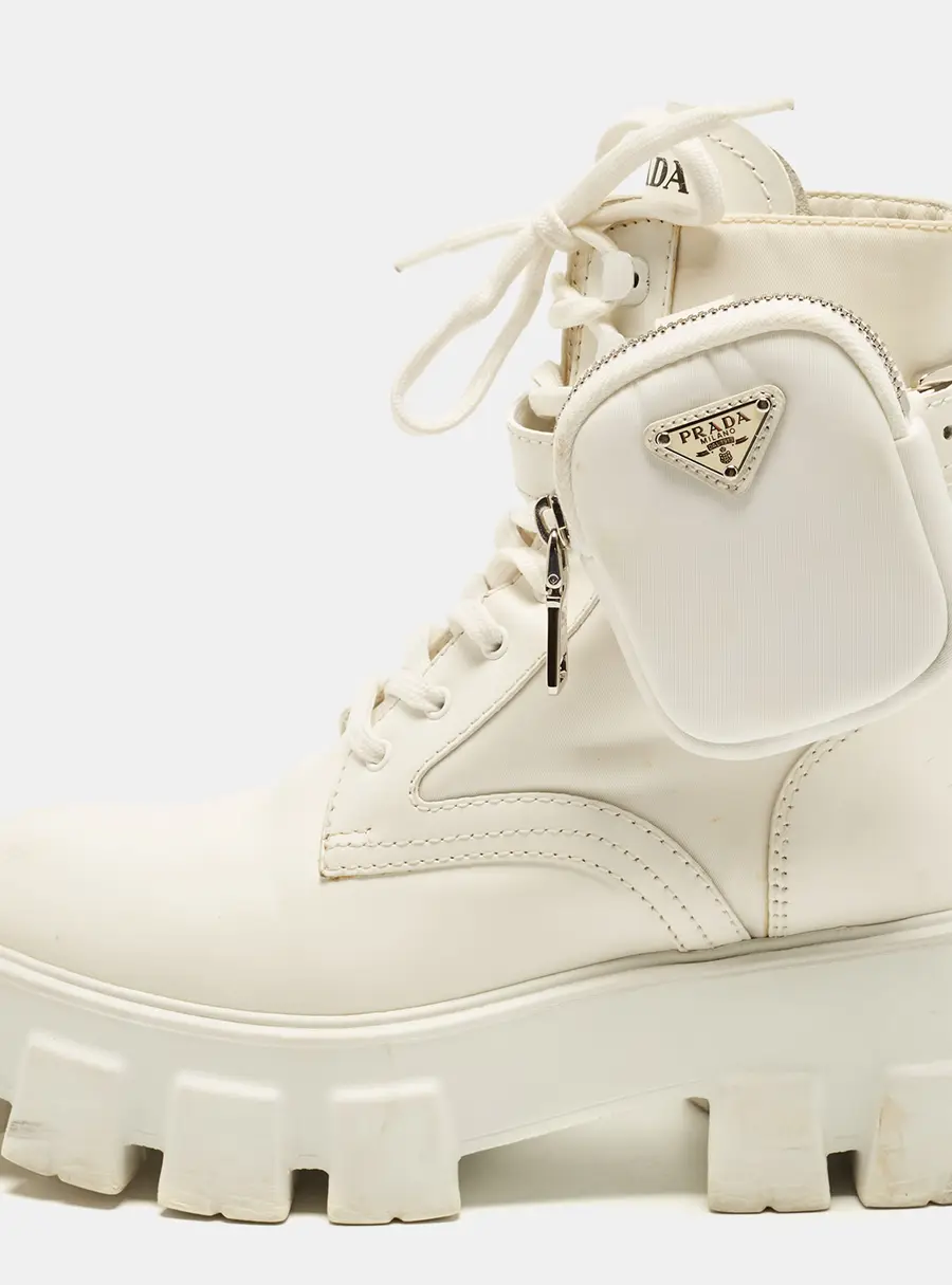 Prada Monolith Size 37 White Leather and Nylon Combat Boots
