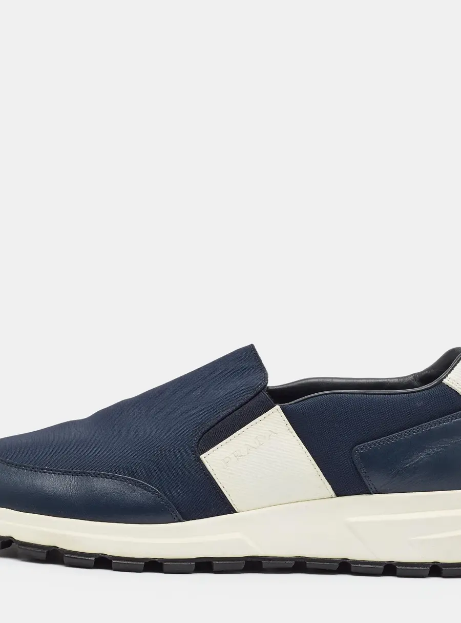 Prada Prax 01 Size 43  Navy Blue Fabric and Leather Slip On Sneakers