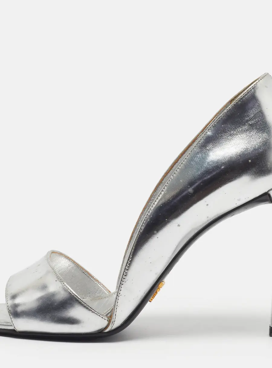 Prada Size 39 Metallic Silver Leather Open Toe D'orsay Pumps